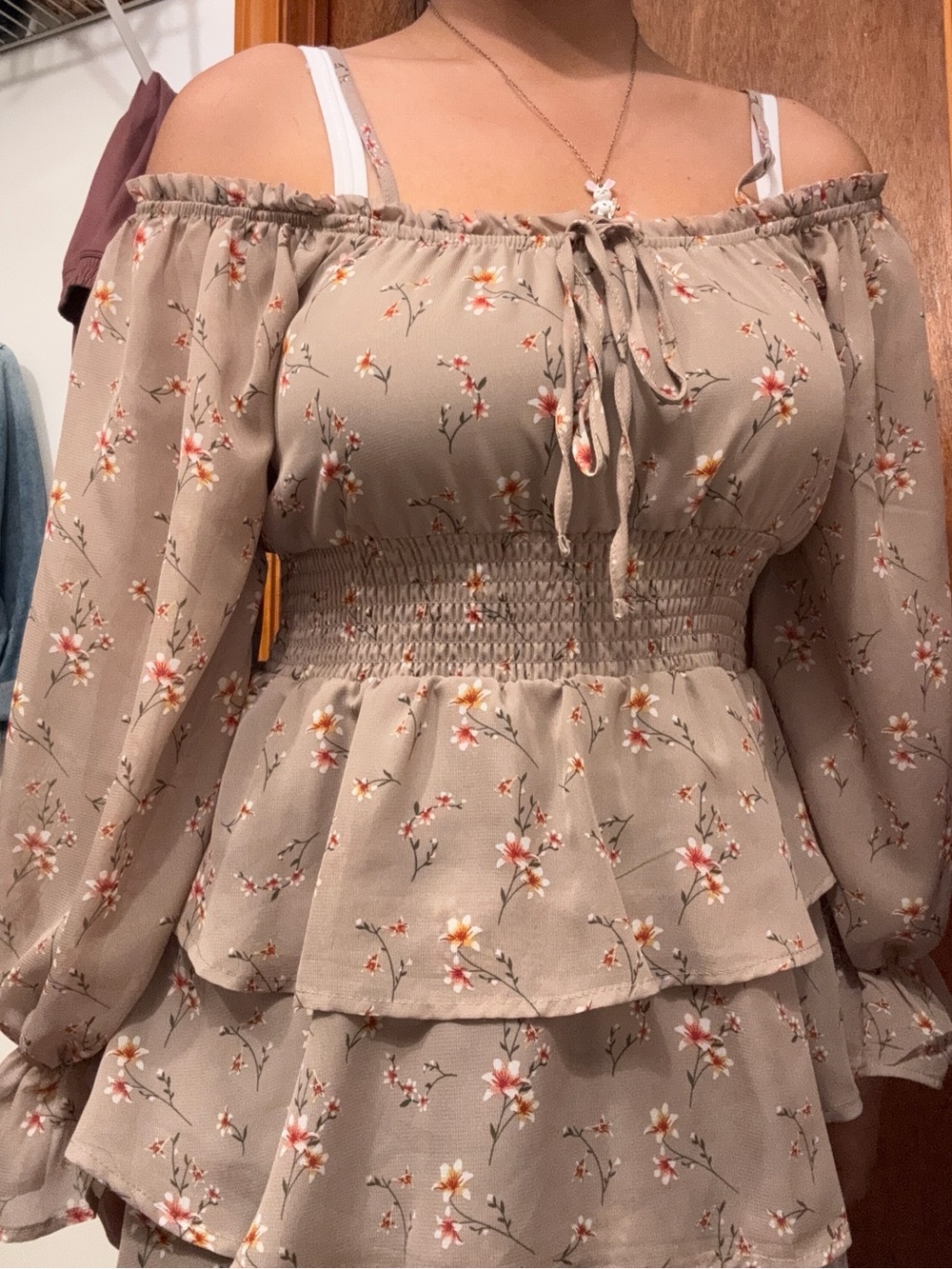 Rue21 Taupe Floral Off-Shoulder Peplum Mini Dress XS